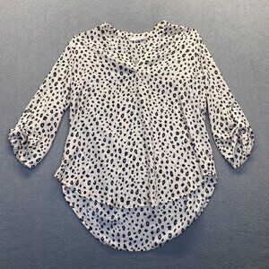Lush Womens Animal Print Blouse Top Large Cream Black 3/4 Tab Sleeve Popover